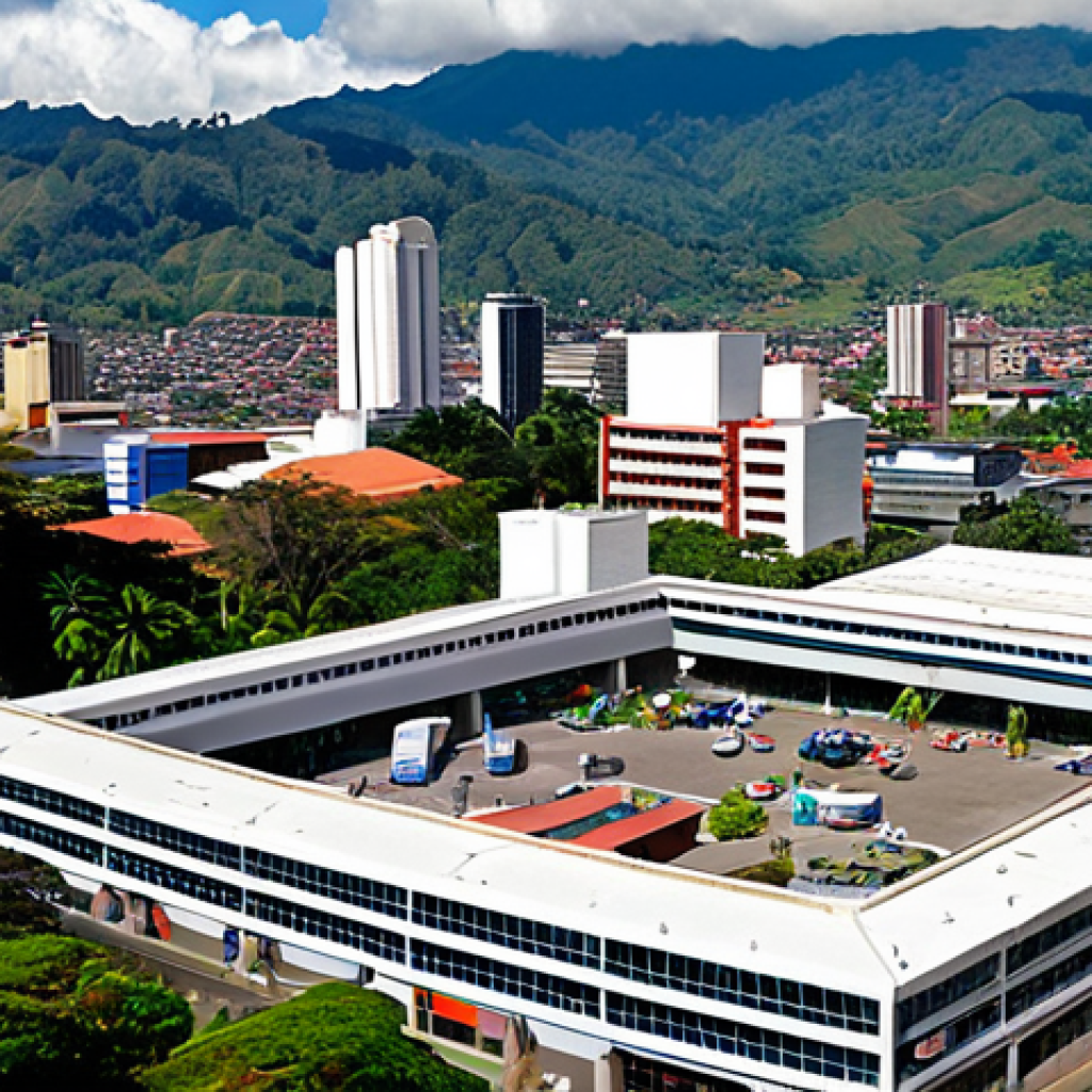 A vibrant, modern cityscape of San José, Costa Rica, with clean, futuristic buildings and a lush natural backdrop, symbolizing a peaceful, innovation-driven economy. In the foreground, diverse professionals (e.g., engineers, IT specialists, healthcare workers) are collaborating, showcasing a highly educated workforce and the country's shift towards high-tech manufacturing and services, fueled by foreign direct investment. The overall atmosphere should be prosperous and stable.