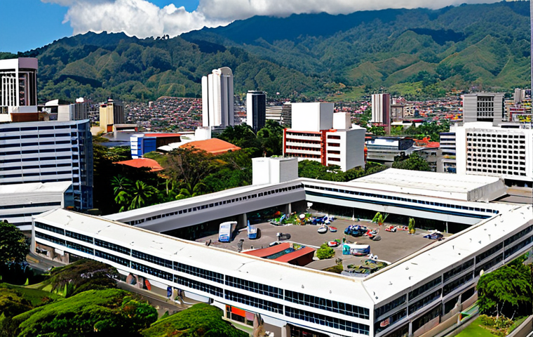A vibrant, modern cityscape of San José, Costa Rica, with clean, futuristic buildings and a lush natural backdrop, symbolizing a peaceful, innovation-driven economy. In the foreground, diverse professionals (e.g., engineers, IT specialists, healthcare workers) are collaborating, showcasing a highly educated workforce and the country's shift towards high-tech manufacturing and services, fueled by foreign direct investment. The overall atmosphere should be prosperous and stable.