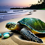 A nighttime scene at Tortuguero National Park, Costa Rica, with a green sea turtle laying eggs on the beach under the moonlight, patrolled by conservationists.