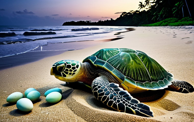 A nighttime scene at Tortuguero National Park, Costa Rica, with a green sea turtle laying eggs on the beach under the moonlight, patrolled by conservationists.
