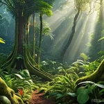 코스타리카 열대우림 보존 프로젝트 - **Lush Rainforest Biodiversity with Subtle Technology**: A vibrant, hyper-realistic depiction of a d...