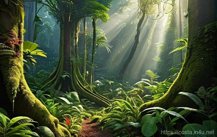 코스타리카 열대우림 보존 프로젝트 - **Lush Rainforest Biodiversity with Subtle Technology**: A vibrant, hyper-realistic depiction of a d...