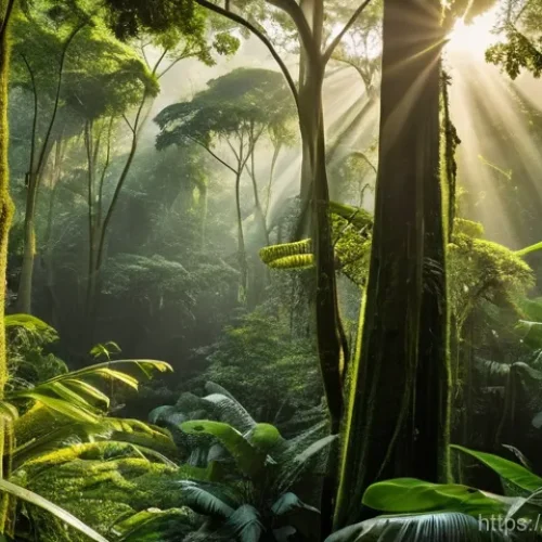 코스타리카 코르코바도 국립공원 - A stunning, wide-angle shot of Corcovado National Park's pristine rainforest at dawn. Golden sunligh...