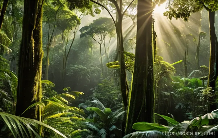 코스타리카 코르코바도 국립공원 - A stunning, wide-angle shot of Corcovado National Park's pristine rainforest at dawn. Golden sunligh...
