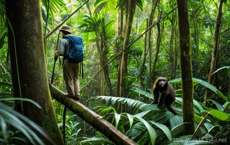 코스타리카 코르코바도 국립공원 - A stunning, wide-angle shot of Corcovado National Park's pristine rainforest at dawn. Golden sunligh...