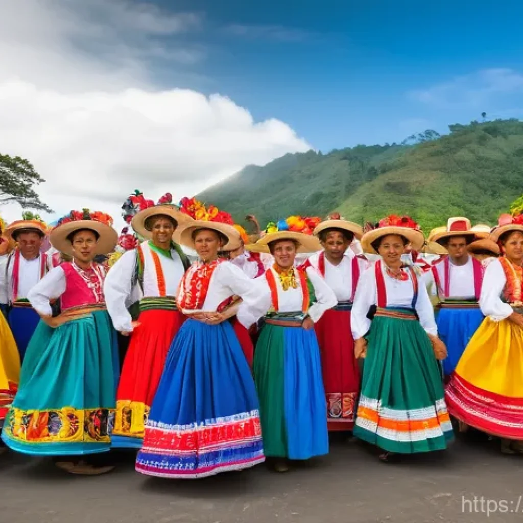 코스타리카 민속 음악과 전통 춤 - A vibrant scene of Costa Rican folk dancers, a diverse group of men and women, performing the "Punto...
