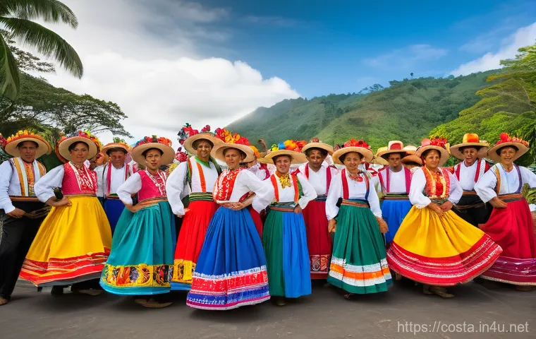 코스타리카 민속 음악과 전통 춤 - A vibrant scene of Costa Rican folk dancers, a diverse group of men and women, performing the "Punto...