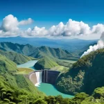코스타리카 재생 가능 에너지 현황 - A breathtaking panoramic view of Costa Rica's lush, mountainous landscape where modern renewable ene...