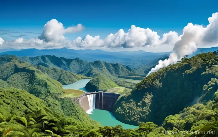 코스타리카 재생 가능 에너지 현황 - A breathtaking panoramic view of Costa Rica's lush, mountainous landscape where modern renewable ene...