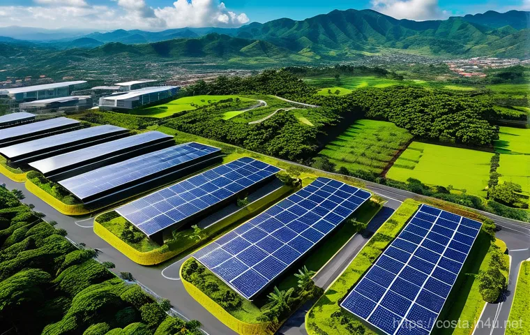 코스타리카 재생 가능 에너지 현황 - A vibrant scene depicting a multi-generational Costa Rican family and a small group of international...