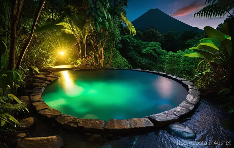 코스타리카 영화 촬영지 탐방 - **Arenal Volcano Hot Springs at Night:** A magical, serene night scene at the foot of the majestic A...