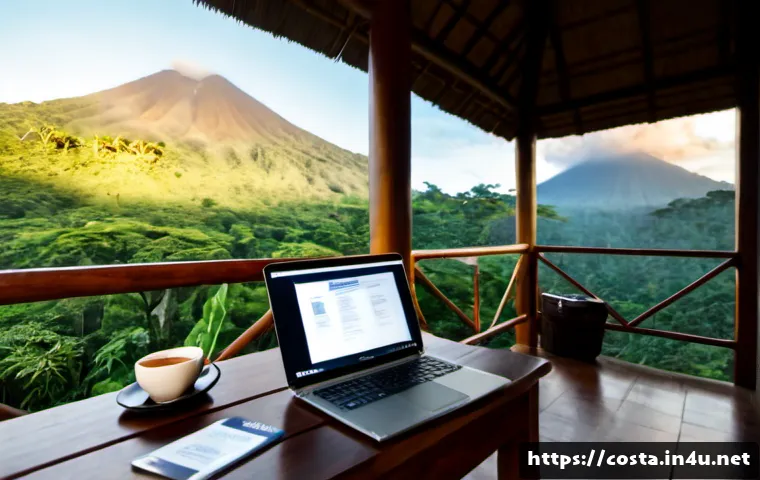 코스타리카 디지털 노마드 비자 정보 - Photorealistic remote work lifestyle in Costa Rica, confident digital nomad seated at a clean wooden...